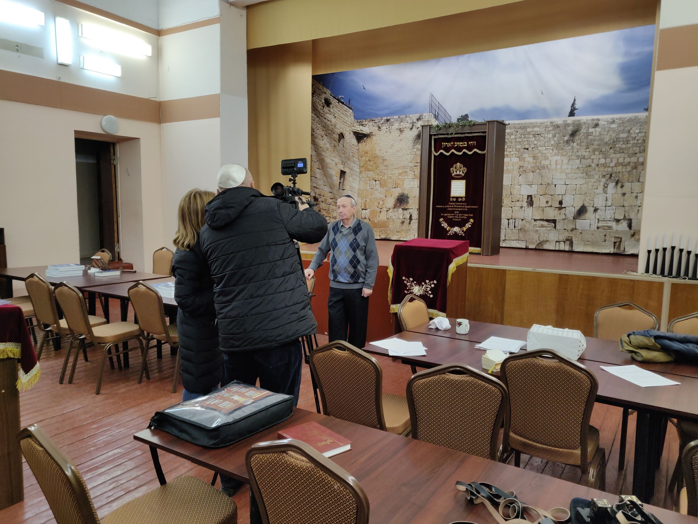 Filming inside the Brest Hekdesh Synagogue 2020 - photo by Debra Brunner